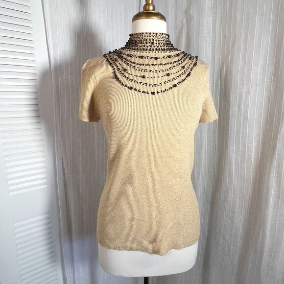 Evie | Women’s | Sweaters | L | Y2k Gold Metallic Beaded Short Sleeve Sweater To - Picture 1 of 6